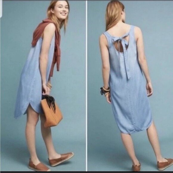 Cloth & Stone Anthropologie Chambray Denim Sleeveless Hi-Low Tie Dress Sz Small - Picture 1 of 7